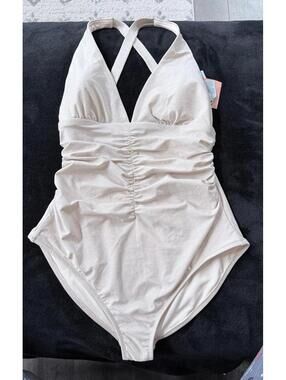 NWT White Shimmer One Piece Swimsuit Ruched Front Halter Criss Cross Back